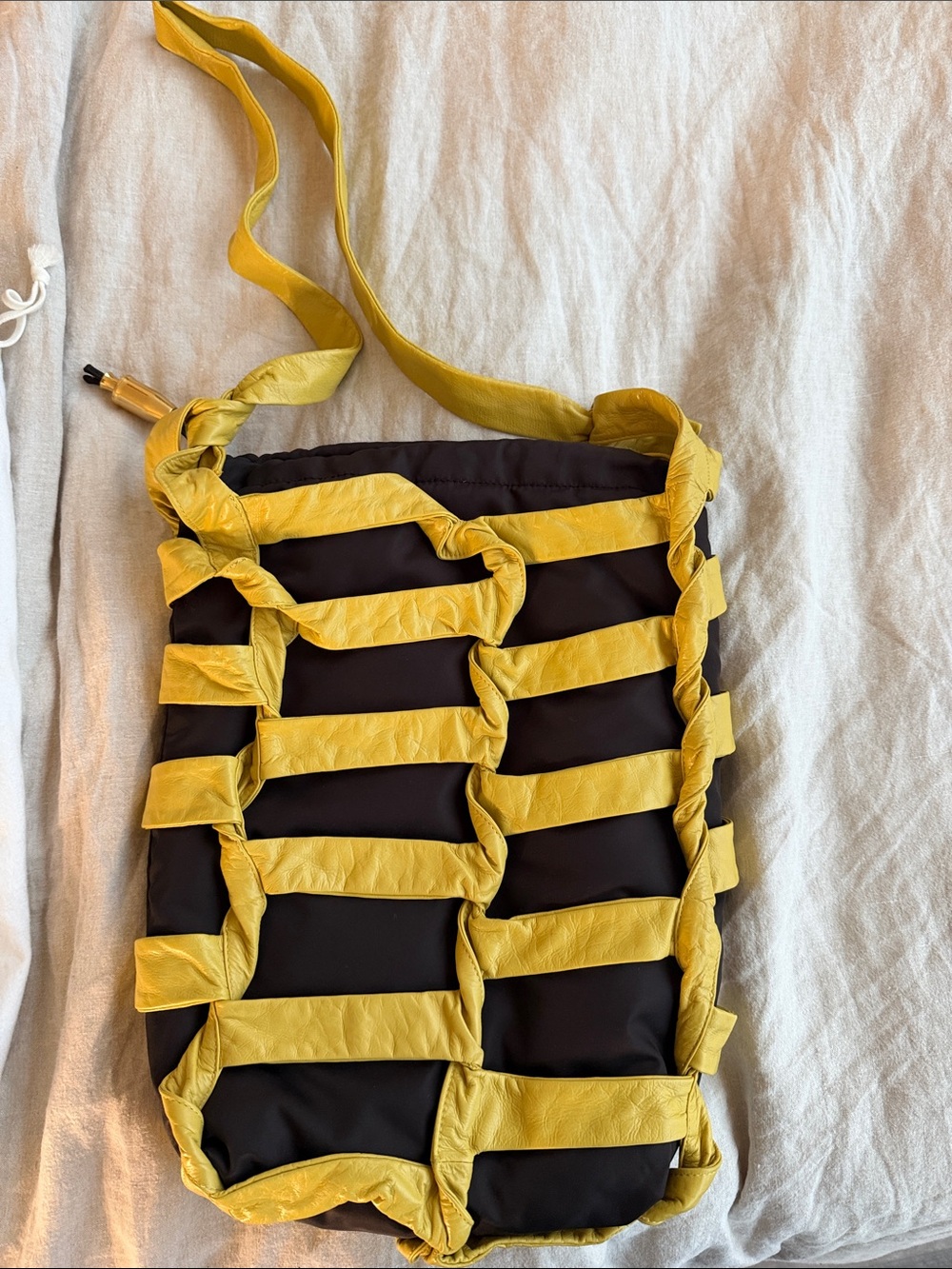 Bottega Veneta Yellow and Black Woven-Trim Shoulder Bag